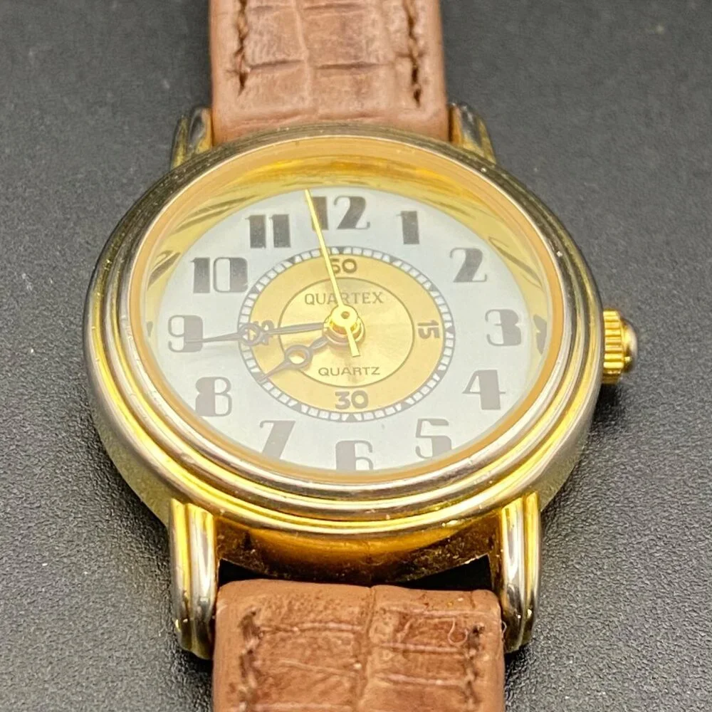 Quartex Delta Impex Womens Watch Gold Tone Case Brown Leather Band New Battery
